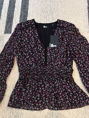 The Kooples Black Floral V-Neck Smocked Peplum Blouse with Cinched Waist NWT